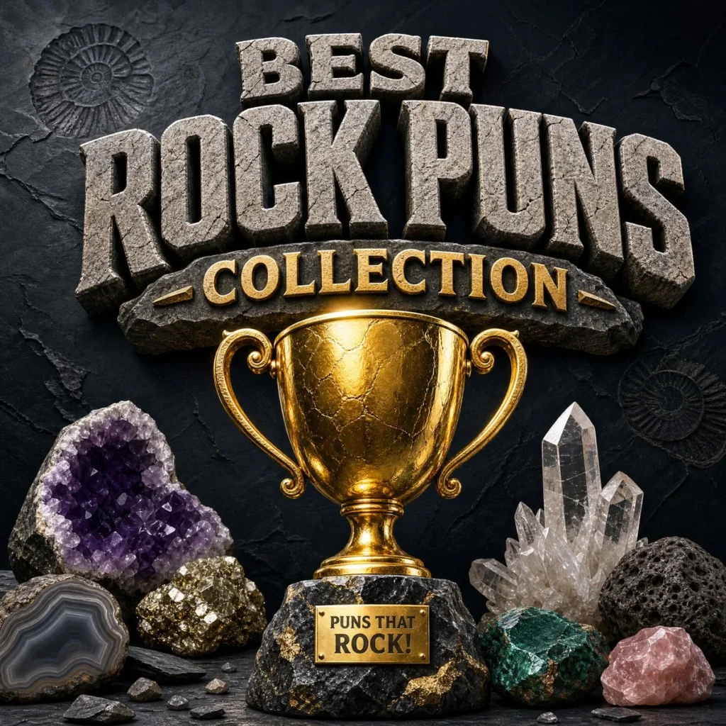A 1200x1200px graphic for a "Best Rock Puns Collection." The image features bold, 3D stone-textured text at the top and a golden trophy cup in the center. The trophy stands on a rock base with a "Puns That Rock!" plaque. The scene is decorated with various crystals and minerals like amethyst and quartz against a dark, textured rock background.