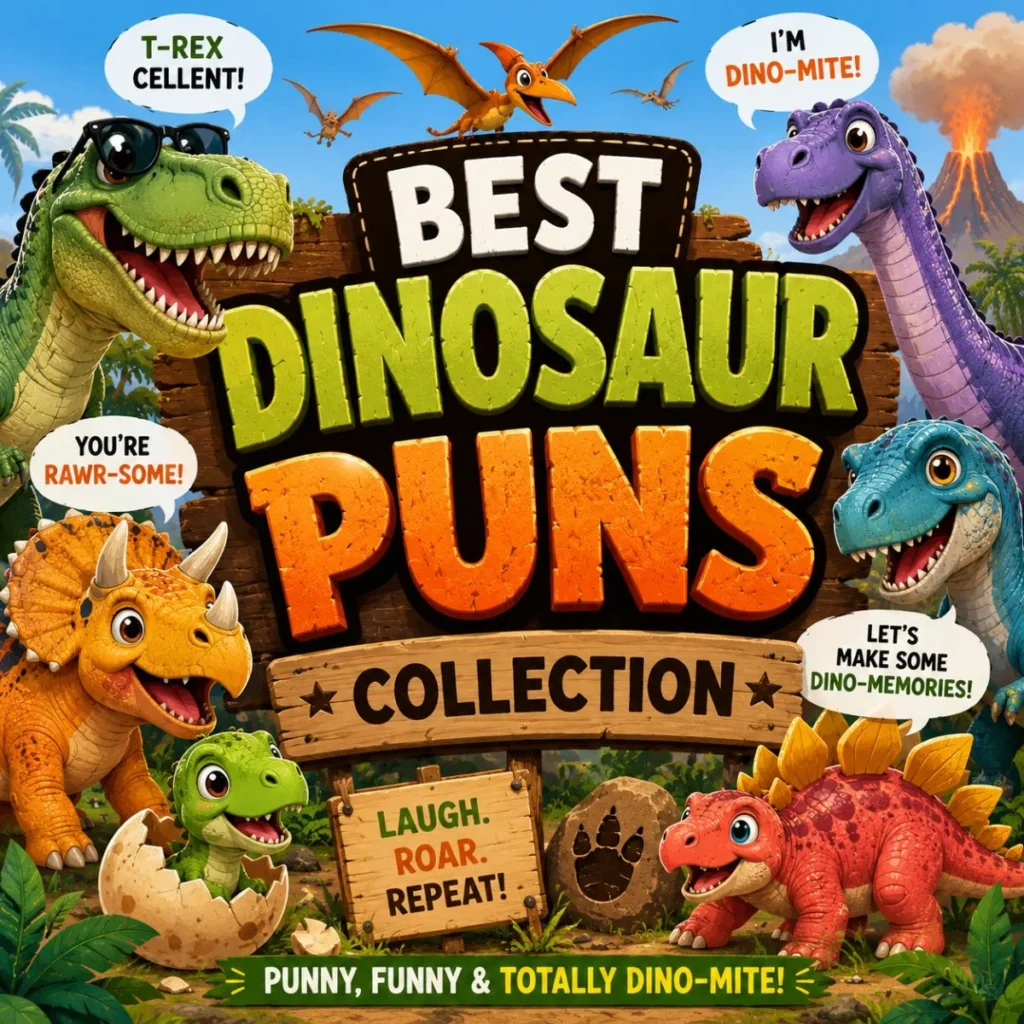 Colorful cartoon dinosaurs surrounding a large "Best Dinosaur Puns Collection" sign in a prehistoric jungle with playful speech bubbles, tropical scenery, and a volcano backdrop.