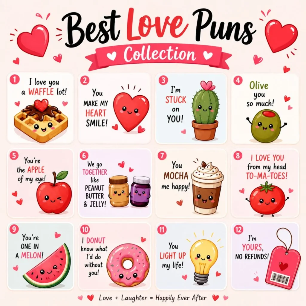 Pink and red themed poster featuring “Best Love Puns Collection” with cute hearts and romantic pun phrases in a stylish social media design.