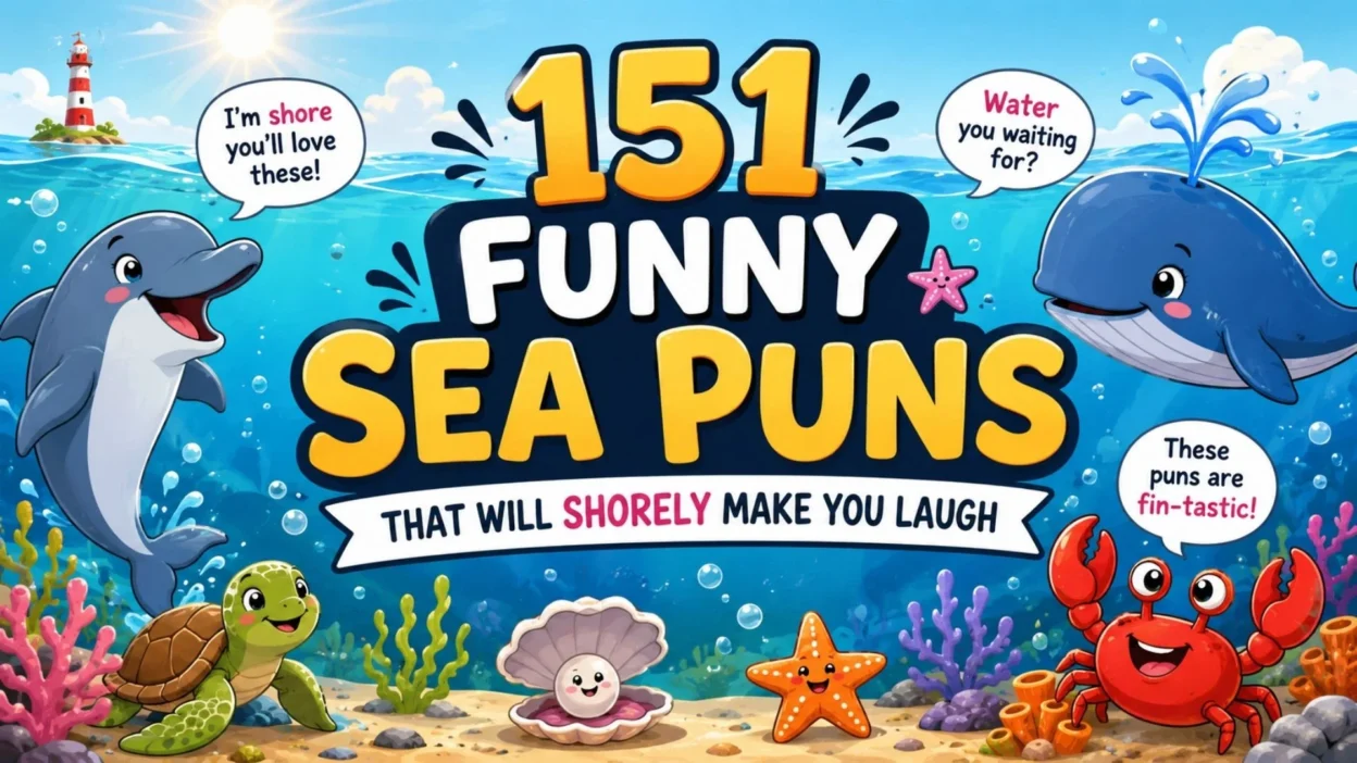 151 funny sea puns banner with playful ocean animals, dolphin, whale, crab, turtle, and starfish