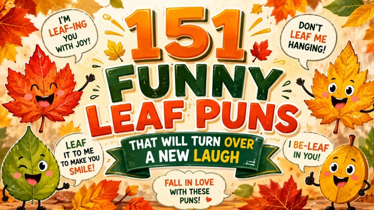 151 funny leaf puns in a colorful autumn cartoon graphic