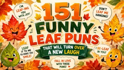 151 funny leaf puns in a colorful autumn cartoon graphic