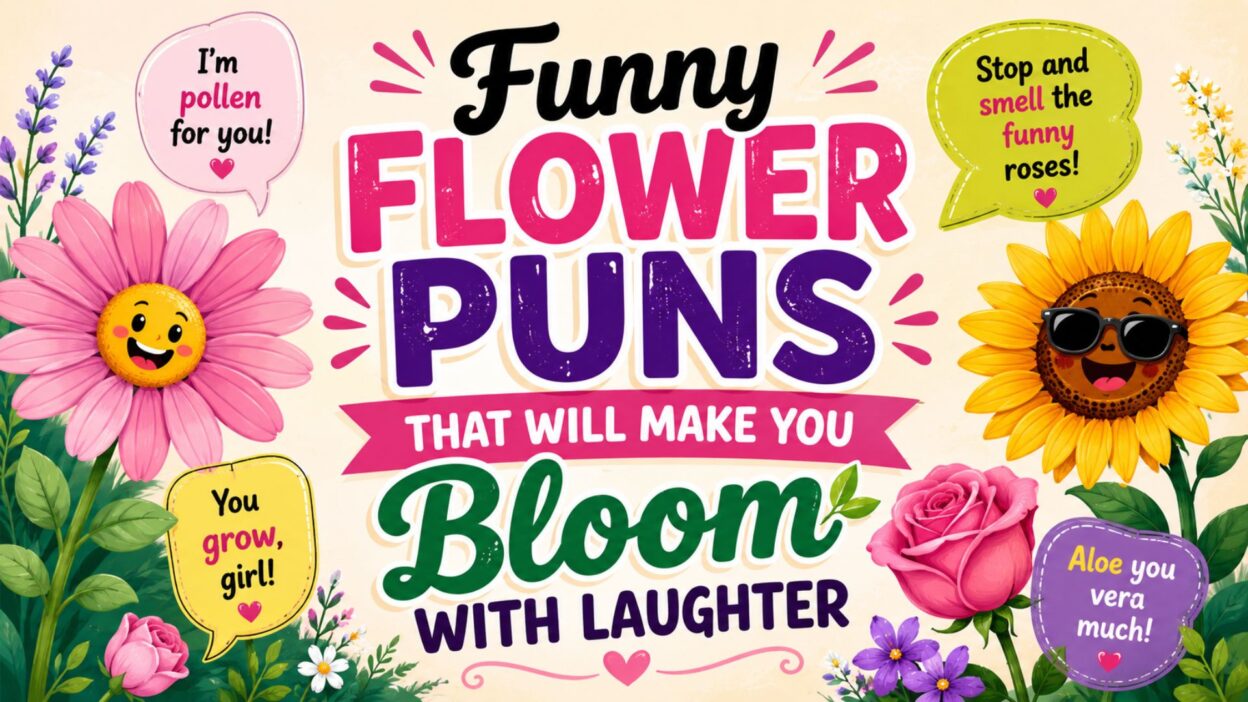 Colorful floral garden banner with roses, daisies, sunflowers, and tulips under a bright sky, featuring the text “Funny Flower Puns That Will Make You Bloom With Laughter” in decorative typography.