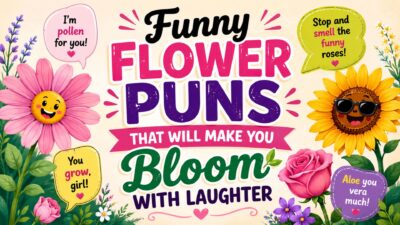 Colorful floral garden banner with roses, daisies, sunflowers, and tulips under a bright sky, featuring the text “Funny Flower Puns That Will Make You Bloom With Laughter” in decorative typography.
