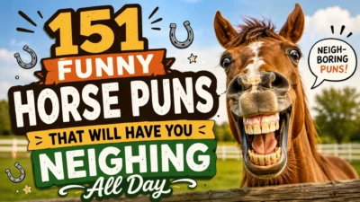 Funny smiling horse beside the title 151 Funny Horse Puns That Will Have You Neighing All Day with colorful text and playful horse-themed humor.