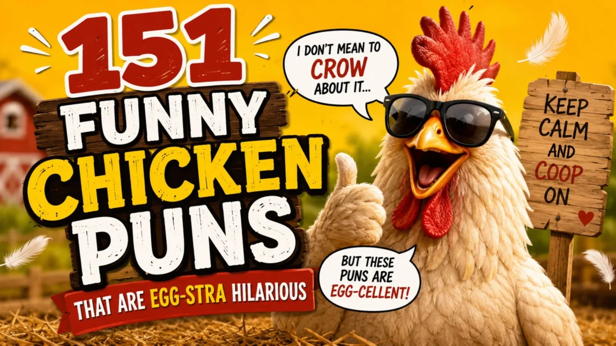 Happy chicken wearing sunglasses and giving a thumbs-up beside the title "151 Funny Chicken Puns That Are Egg-stra Hilarious" on a bright farm-themed background with humorous speech bubbles and feathers.