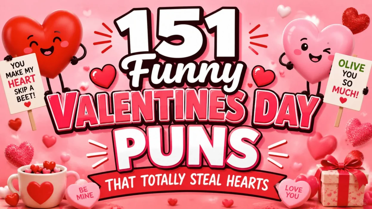 Colorful Valentine's Day graphic featuring smiling heart characters, pink and red hearts, chocolates, gifts, and bold text reading “151 Funny Valentines Day Puns That Totally Steal Hearts.”