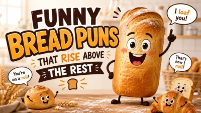 Cute smiling loaf of bread surrounded by bakery treats with funny bread puns and playful speech bubbles in a bright bakery setting.