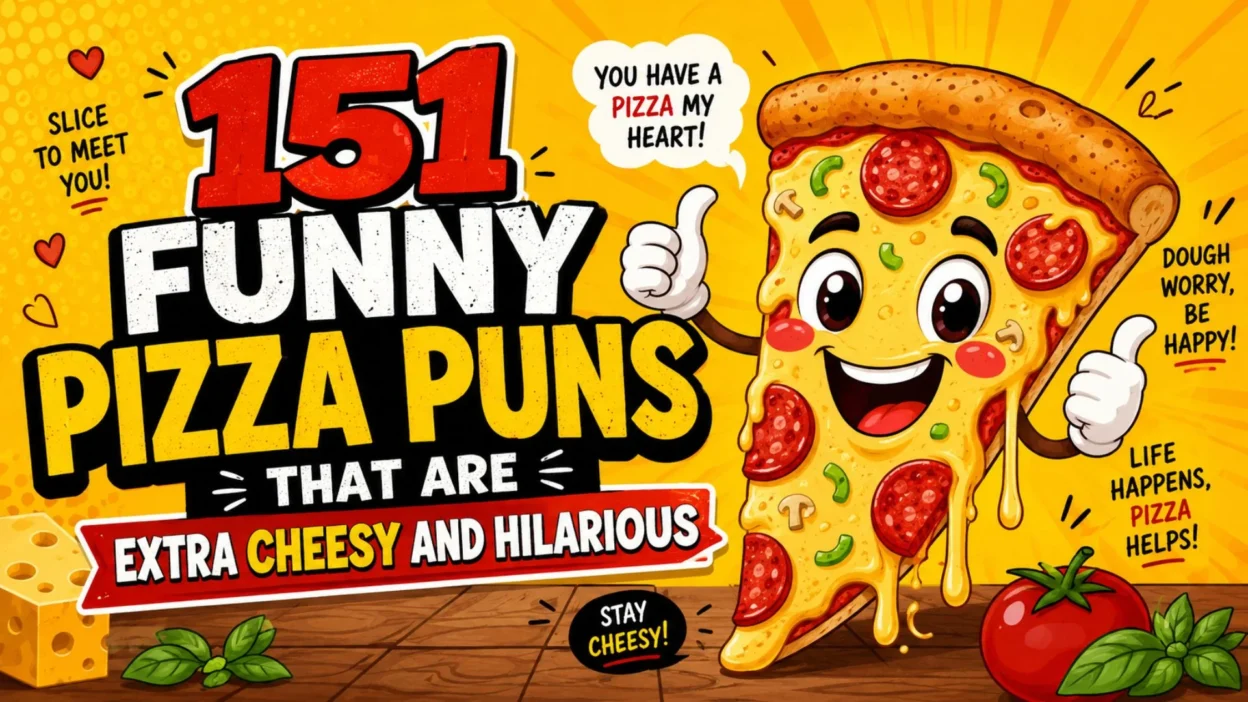 Colorful cartoon pizza slice with melted cheese, pepperoni toppings, and funny pizza puns on a bright yellow background featuring the title “151 Funny Pizza Puns That Are Extra Cheesy and Hilarious.”