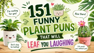 Cute plant pun graphic with smiling potted plants, a happy cactus, leafy decorations, and the text "151 Funny Plant Puns That Will Leaf You Laughing."