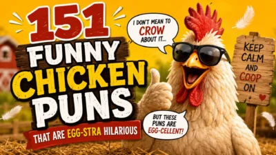 Happy chicken wearing sunglasses and giving a thumbs-up beside the title "151 Funny Chicken Puns That Are Egg-stra Hilarious" on a bright farm-themed background with humorous speech bubbles and feathers.