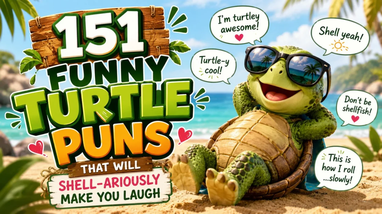 151 funny turtle puns with a playful beach turtle.