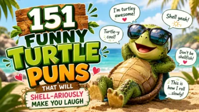 151 funny turtle puns with a playful beach turtle.