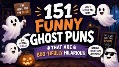 Funny ghost puns Halloween banner with cute cartoon ghosts, pumpkins, and spooky decorations