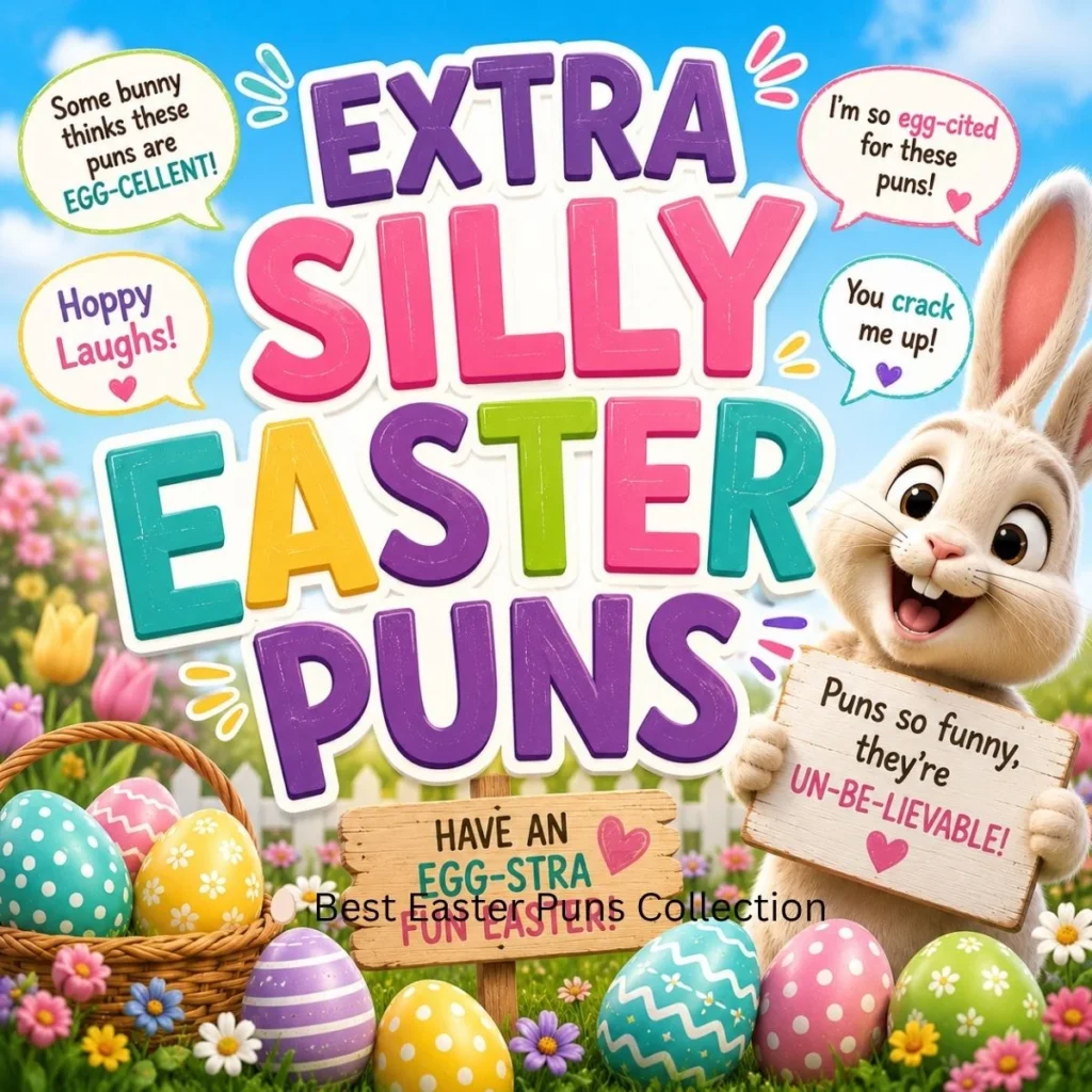 Bright Easter-themed graphic featuring a smiling bunny holding a sign, colorful decorated Easter eggs, spring flowers, speech bubbles with Easter jokes, and bold text reading “Extra Silly Easter Puns” in vibrant playful lettering. 🐰🥚🌷🤣