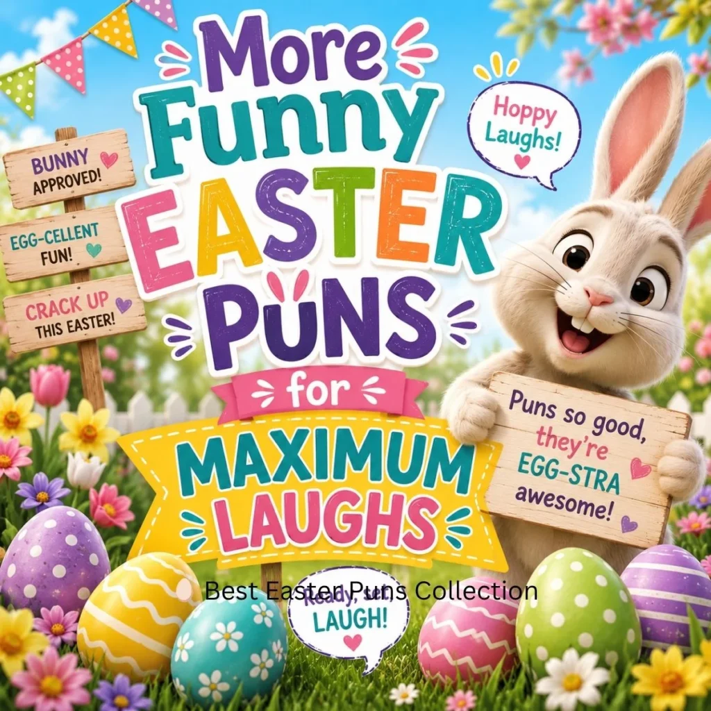 Colorful Easter-themed graphic featuring a smiling bunny holding a sign, decorated Easter eggs, spring flowers, festive banners, and the text “More Funny Easter Puns for Maximum Laughs” in bright playful lettering. 🐰🥚🌸