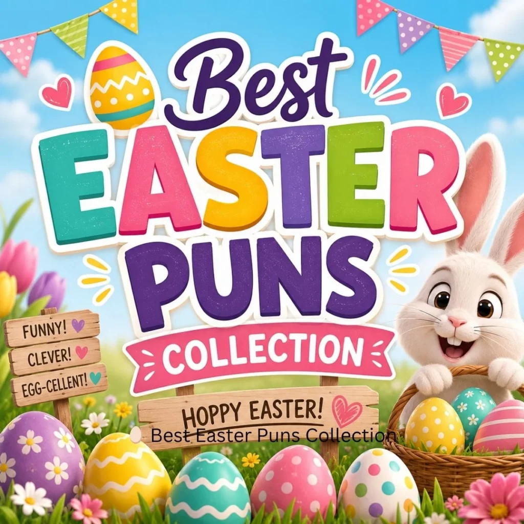 
Colorful Easter-themed square graphic featuring a happy bunny holding a basket of decorated Easter eggs, surrounded by spring flowers, pastel eggs, festive bunting, and bold text reading “Best Easter Puns Collection.” 🐰🥚🌸