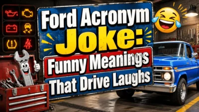 Blue pickup truck, mechanic tools, warning lights, and Ford Acronym Joke title in a humorous garage scene.