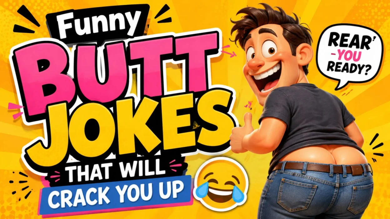 Colorful cartoon thumbnail with the text "Funny Butt Jokes That Will Crack You Up" featuring a smiling character in a playful pose on a bright yellow comic-style background.