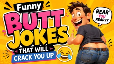 Colorful cartoon thumbnail with the text "Funny Butt Jokes That Will Crack You Up" featuring a smiling character in a playful pose on a bright yellow comic-style background.