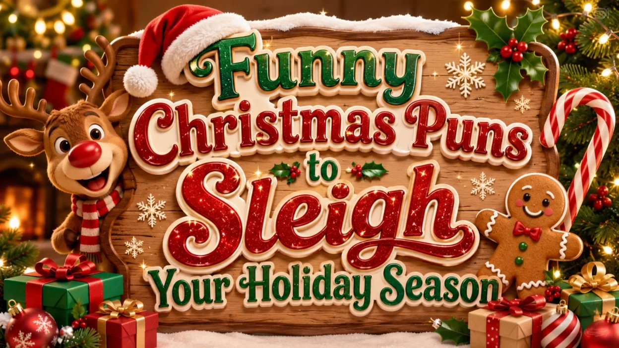 Funny Christmas puns banner with reindeer, gingerbread man, gifts, candy canes, and festive holiday decorations.