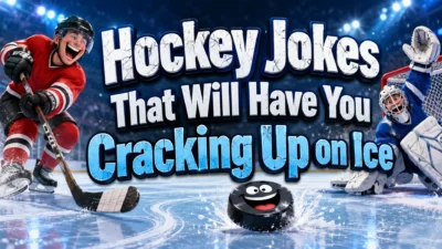 Funny hockey players, a smiling puck, and the title Hockey Jokes That Will Have You Cracking Up on Ice.