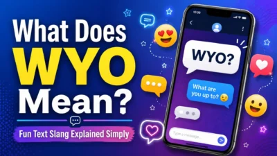 What Does WYO Mean graphic with smartphone chat bubbles, emojis, and text slang explanation.
