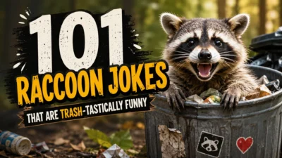 Smiling raccoon popping out of a trash can with bold text reading "101 Raccoon Jokes That Are Trash-Tastically Funny" on a colorful forest background.