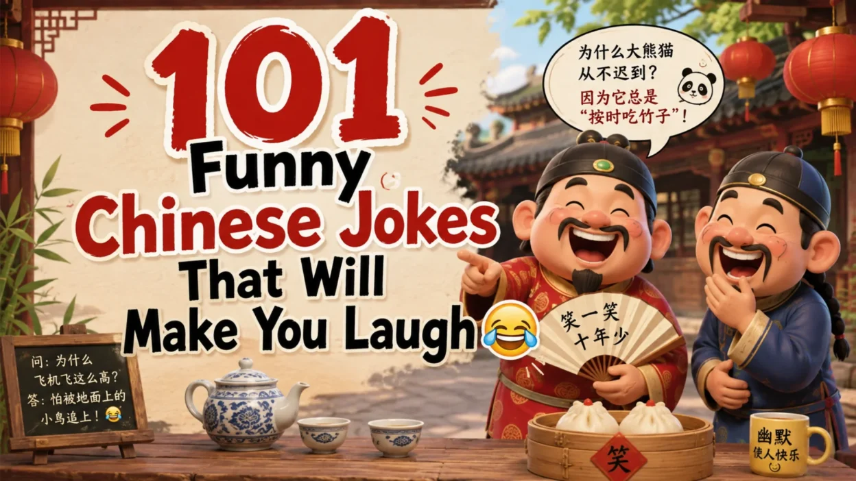 Funny Chinese jokes thumbnail with cheerful cartoon characters laughing in a traditional Chinese courtyard scene.