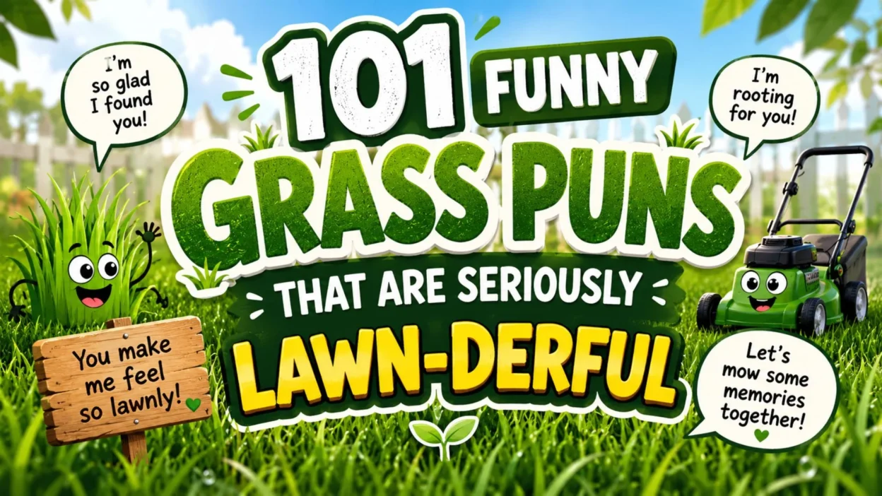 101 Funny Grass Puns That Are Seriously Lawn-derful with cartoon grass and lawnmower