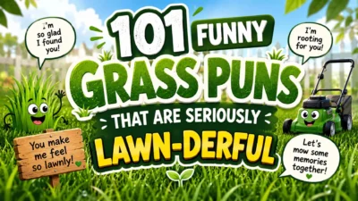 101 Funny Grass Puns That Are Seriously Lawn-derful with cartoon grass and lawnmower