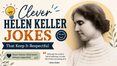 Helen Keller portrait with respectful joke title, warm vintage colors, and thoughtful humor-themed design.