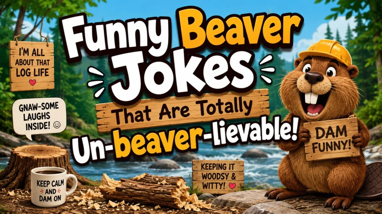 Funny beaver jokes cartoon with a cheerful beaver and woodland humor signs
