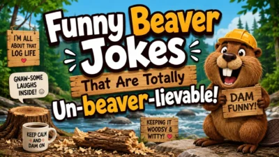 Funny beaver jokes cartoon with a cheerful beaver and woodland humor signs