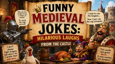 Funny medieval jokes poster featuring a knight, king, jester, castle, and humorous medieval scenes