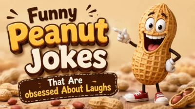 Funny peanut jokes thumbnail with a smiling cartoon peanut and bold playful text on a warm background