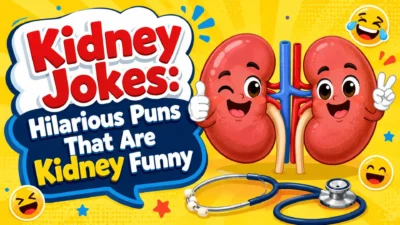 Kidney jokes banner with cartoon kidneys, bright yellow background, and hilarious medical pun theme