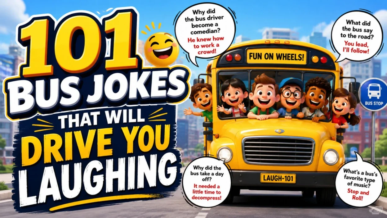 101 funny bus jokes with a cheerful yellow bus and laughing passengers