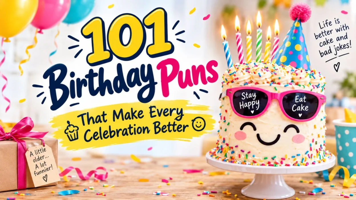 101 funny birthday puns with a colorful birthday cake, balloons, candles, and confetti