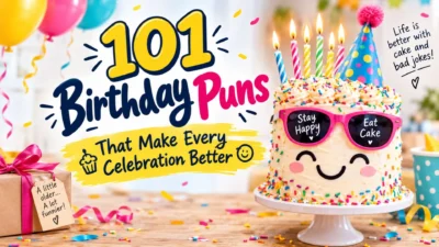 101 funny birthday puns with a colorful birthday cake, balloons, candles, and confetti