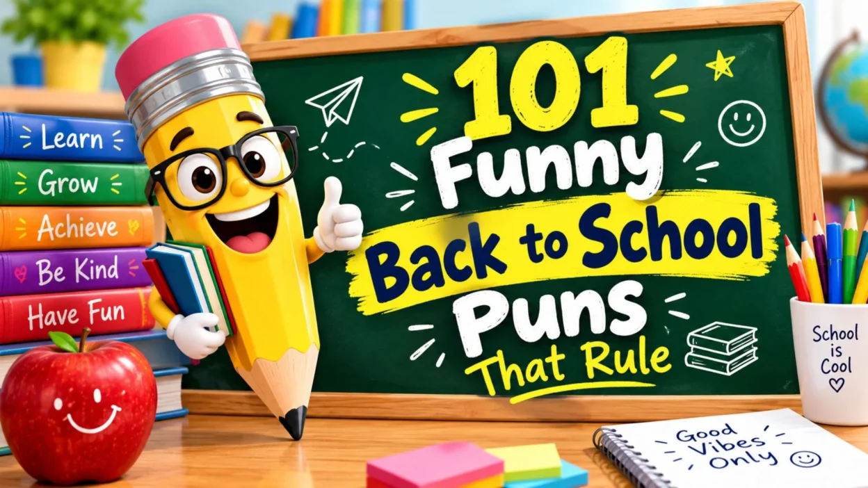 101 funny back-to-school puns with a cheerful pencil and classroom theme