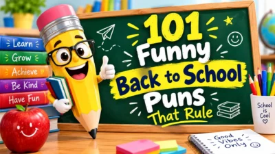 101 funny back-to-school puns with a cheerful pencil and classroom theme