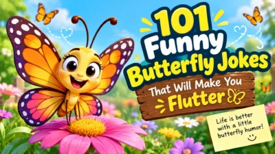101 funny butterfly jokes with a cheerful cartoon butterfly