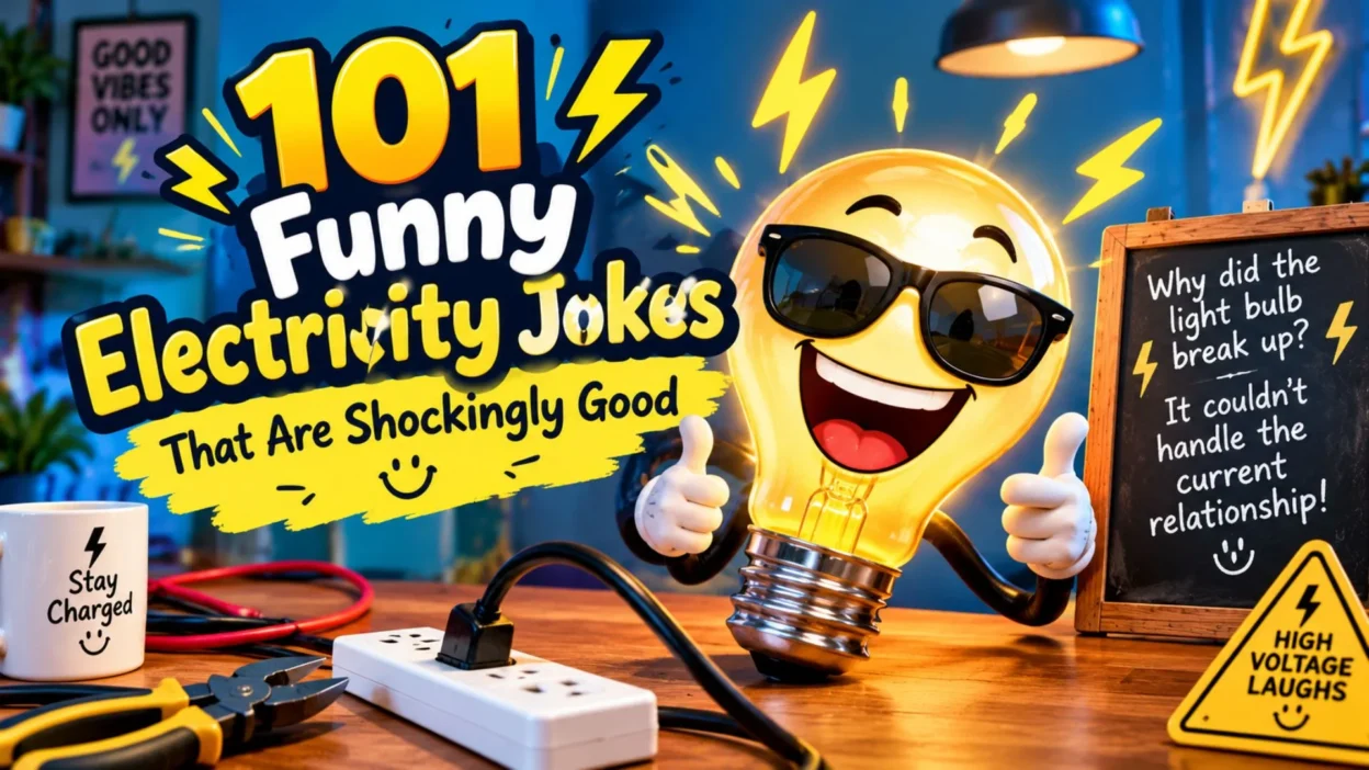 101 funny electricity jokes with a laughing light bulb