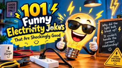 101 funny electricity jokes with a laughing light bulb