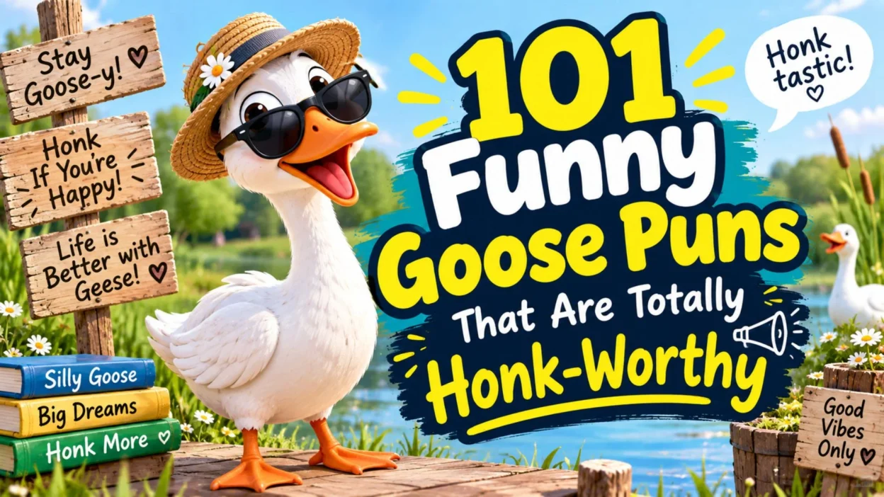 101 funny goose puns with a cheerful cartoon goose by a pond