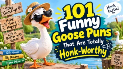 101 funny goose puns with a cheerful cartoon goose by a pond