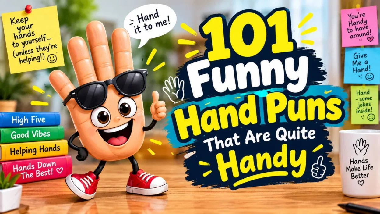 101 funny hand puns with a cheerful cartoon hand mascot