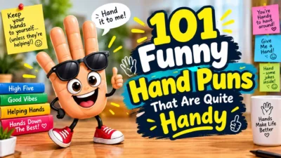 101 funny hand puns with a cheerful cartoon hand mascot