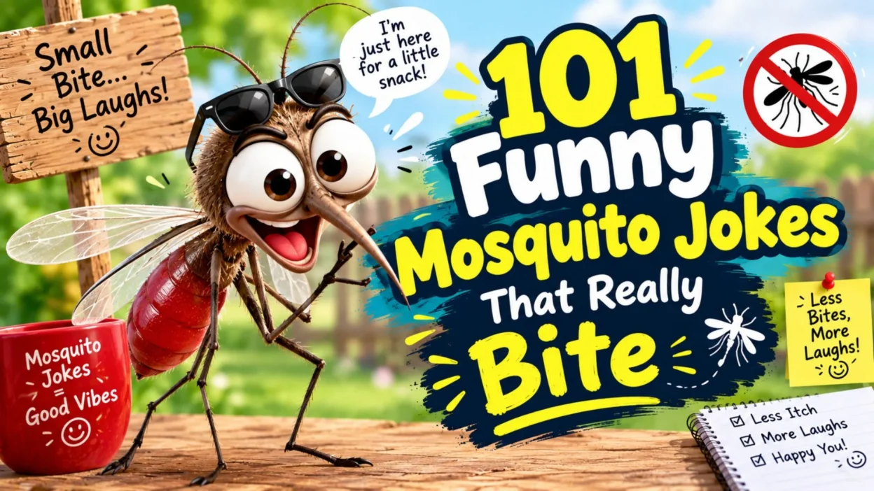 101 funny mosquito jokes with a silly cartoon mosquito